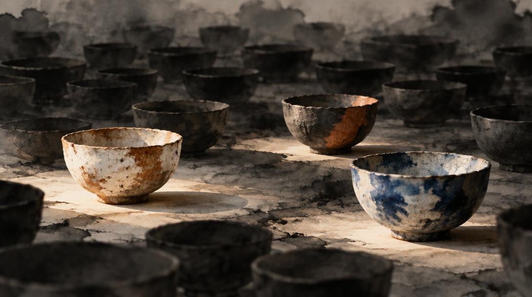 Three ceramic bowls emerging from a field of choices