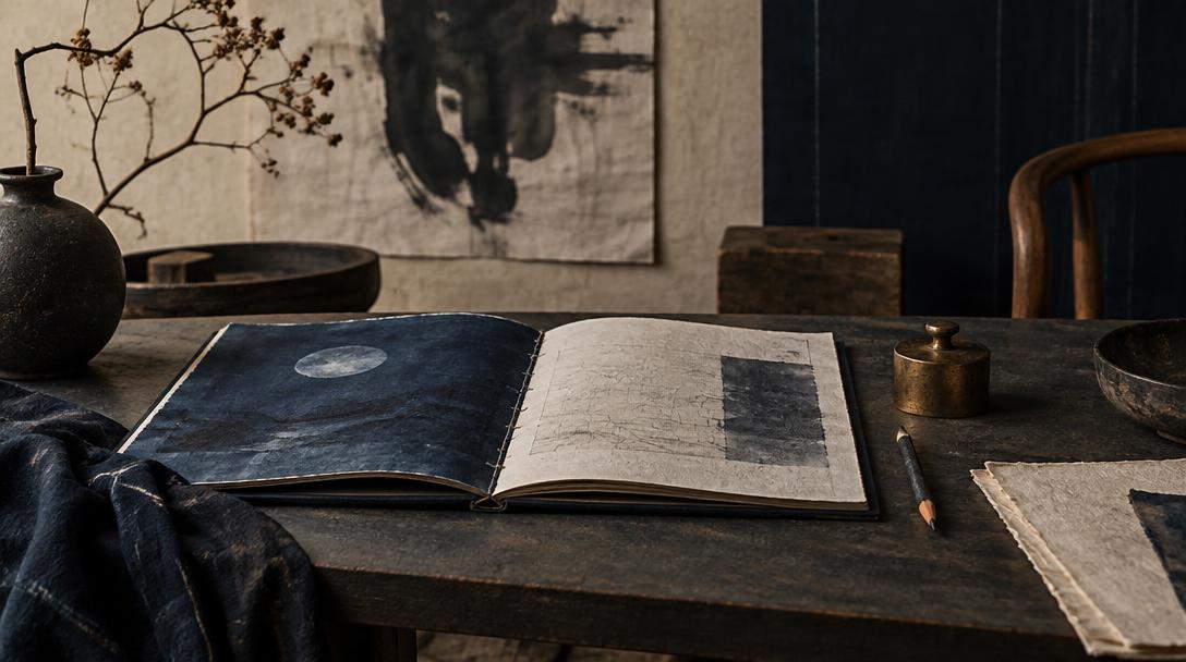 An indigo ledger, pencil and brass weight on a quiet table