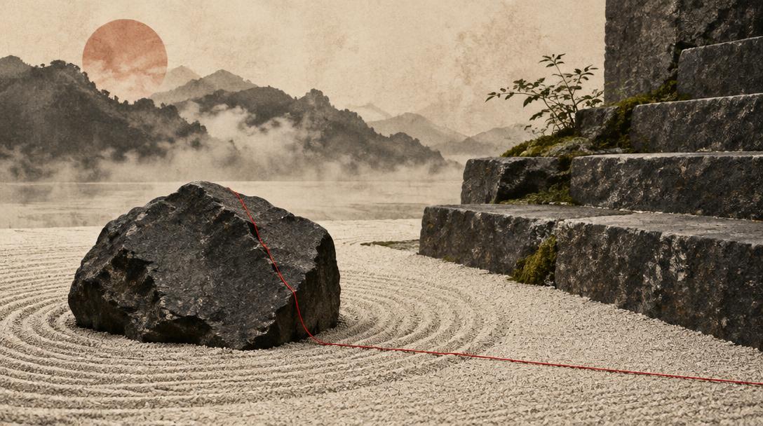 A dark stone, red thread and basalt steps across a dry garden
