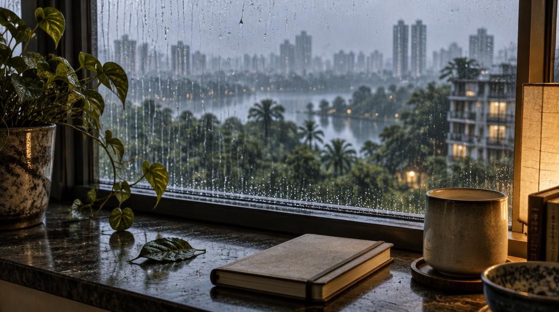 A notebook beside a rain-marked window opening onto an uncertain horizon