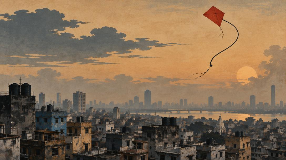 A red paper kite and question-like thread above a modern city