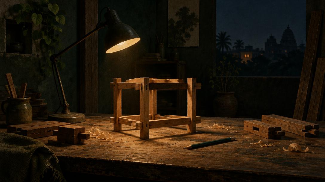 A solitary lamp illuminating an unfinished wooden structure