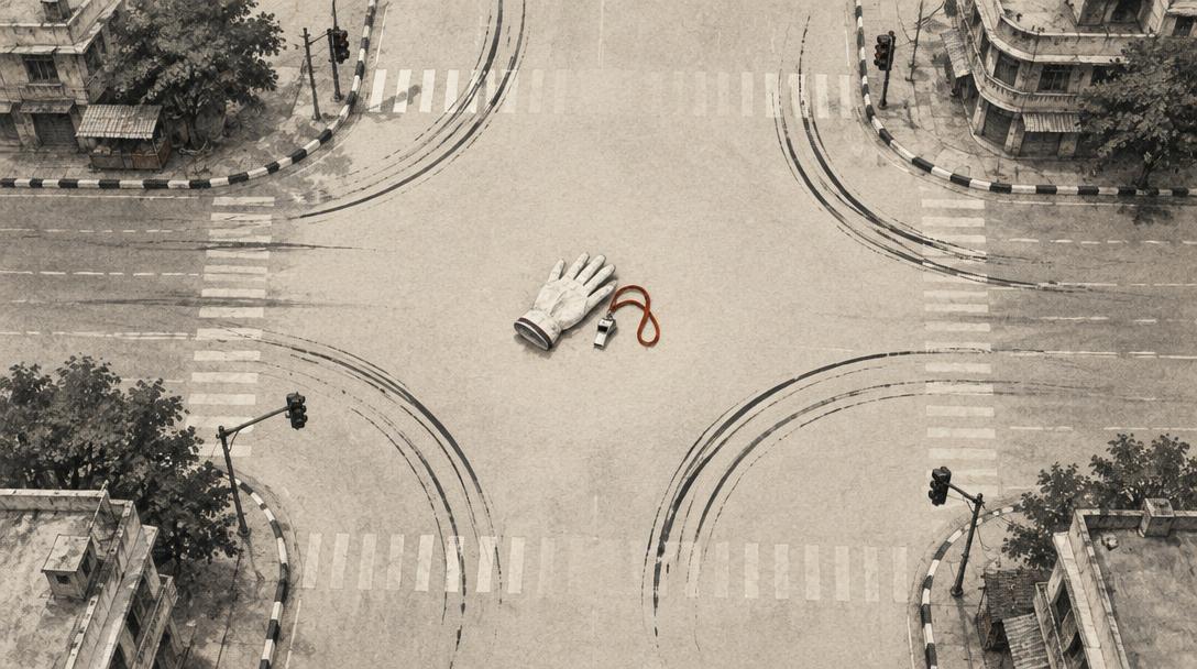 A white glove and whistle at the centre of an empty crossing