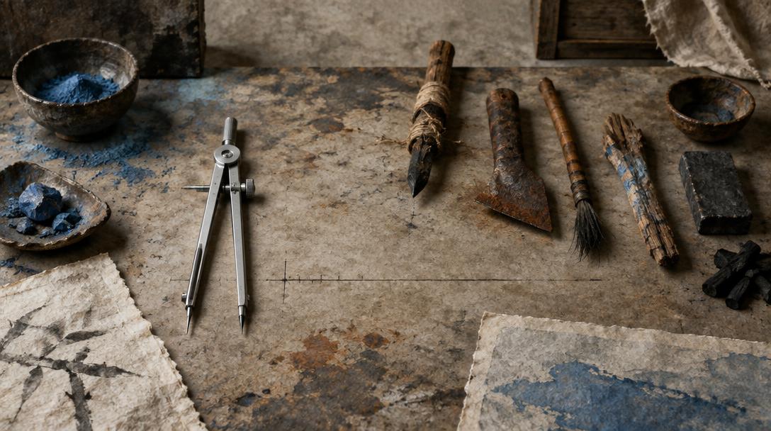 Precise and handmade tools sharing an unfinished measurement line