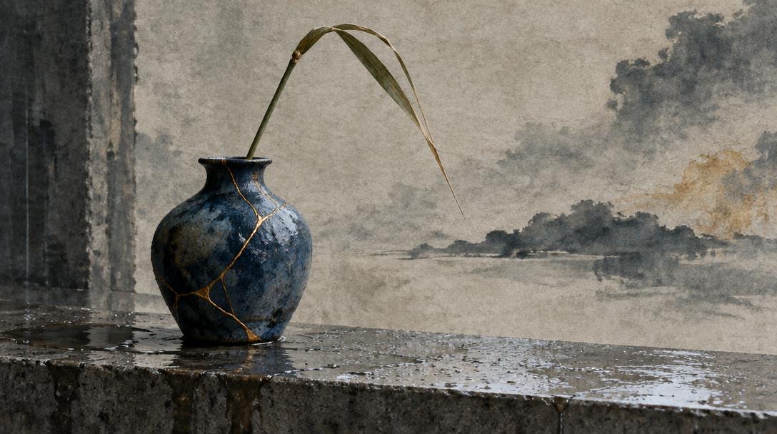 A repaired indigo vessel holding a bent reed after rain