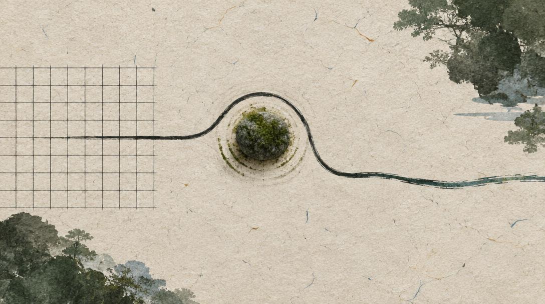 An ink path leaves a grid, circles a mossy stone and returns